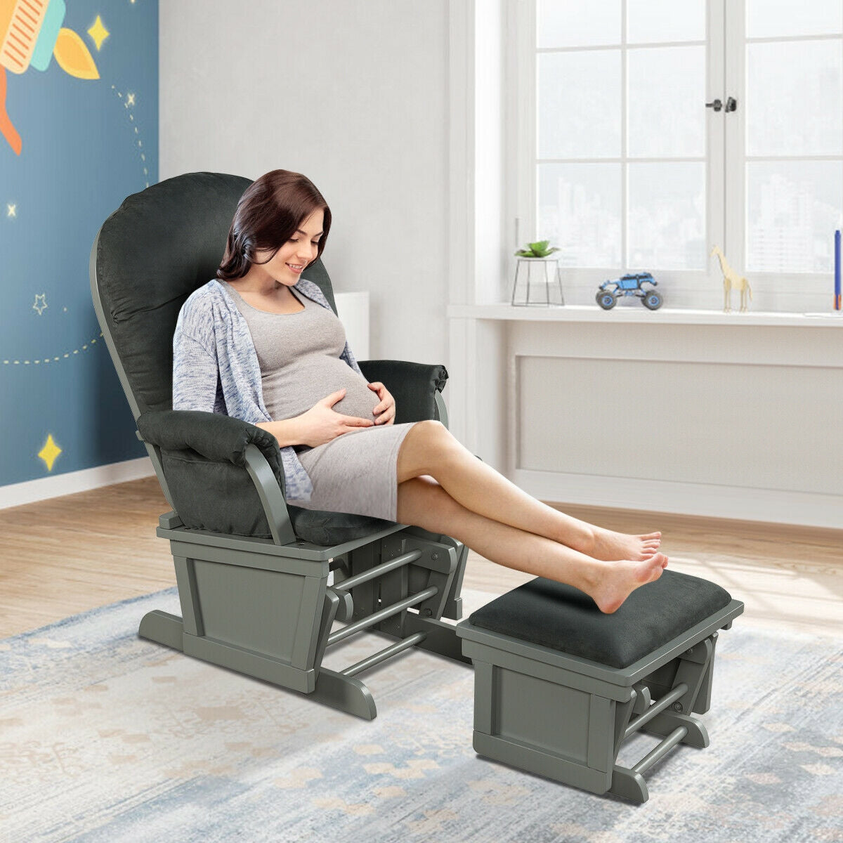 Wood Baby Glider and Ottoman Cushion Set with Padded Armrests for Nursing, Dark Gray Recliners at Gallery Canada