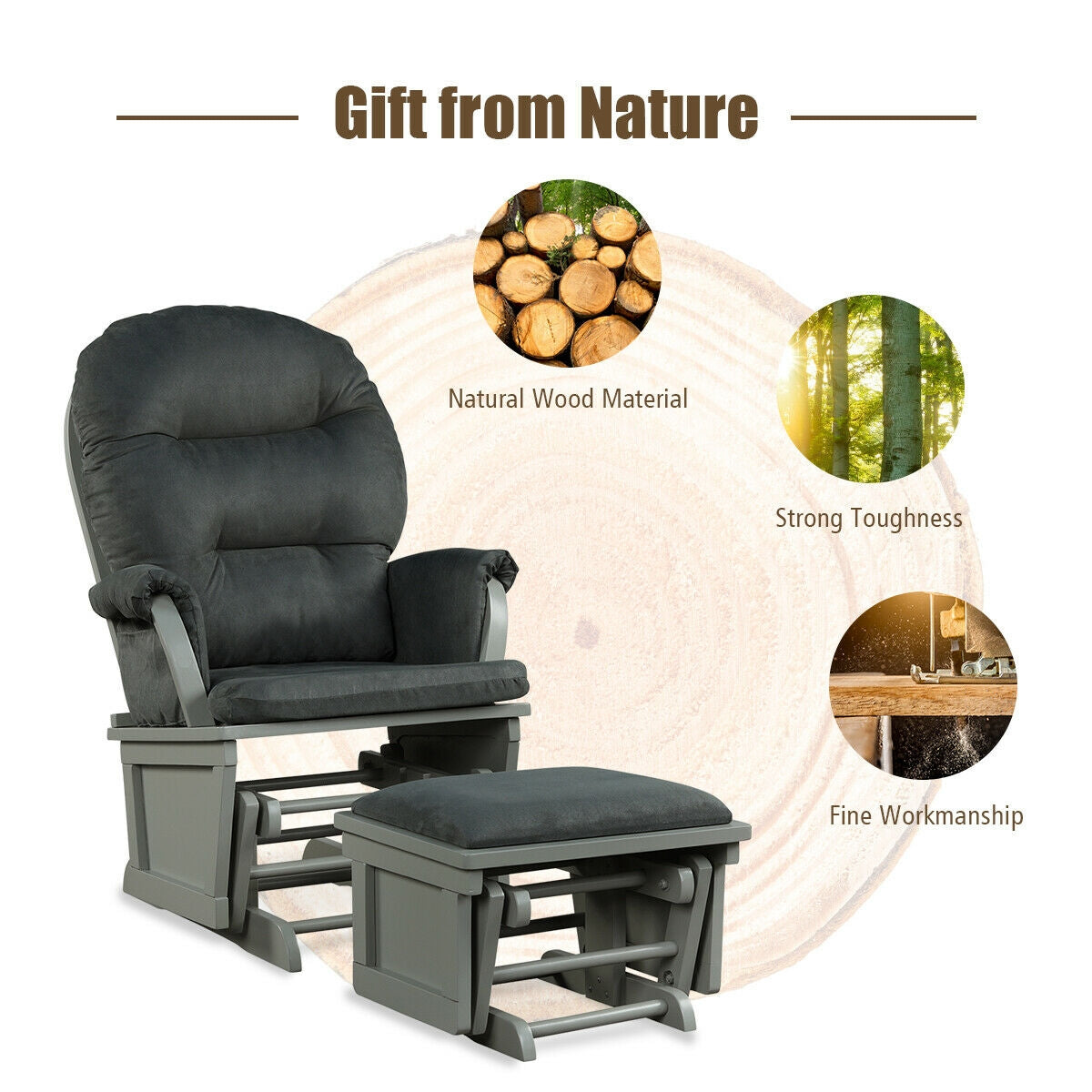 Wood Baby Glider and Ottoman Cushion Set with Padded Armrests for Nursing, Dark Gray Recliners at Gallery Canada