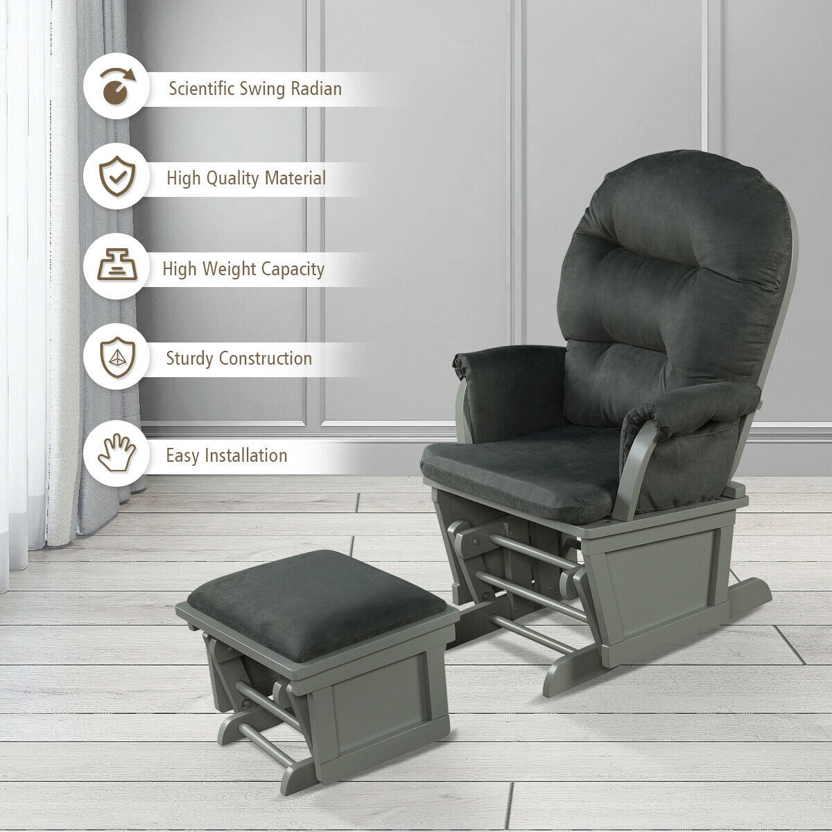 Wood Baby Glider and Ottoman Cushion Set with Padded Armrests for Nursing, Dark Gray Recliners at Gallery Canada
