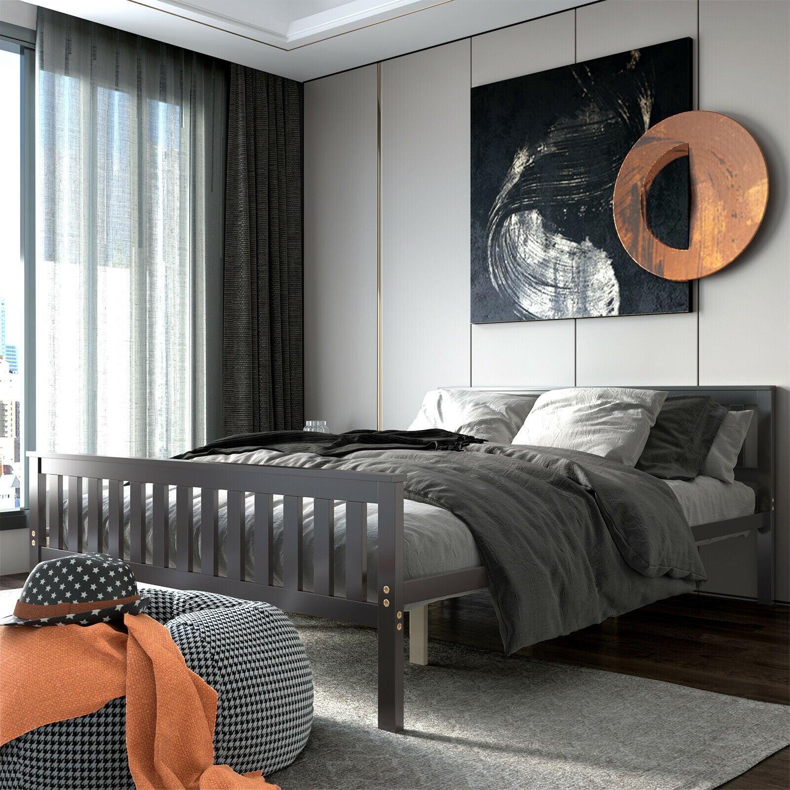 Queen Wood Platform Bed with Headboard, Espresso Simple Bed Frame at Gallery Canada