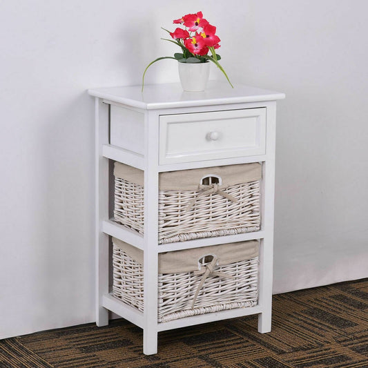 3 Tier Set of 2 Wood Nightstand with 1 and 2 Basket Drawer , White - Gallery Canada