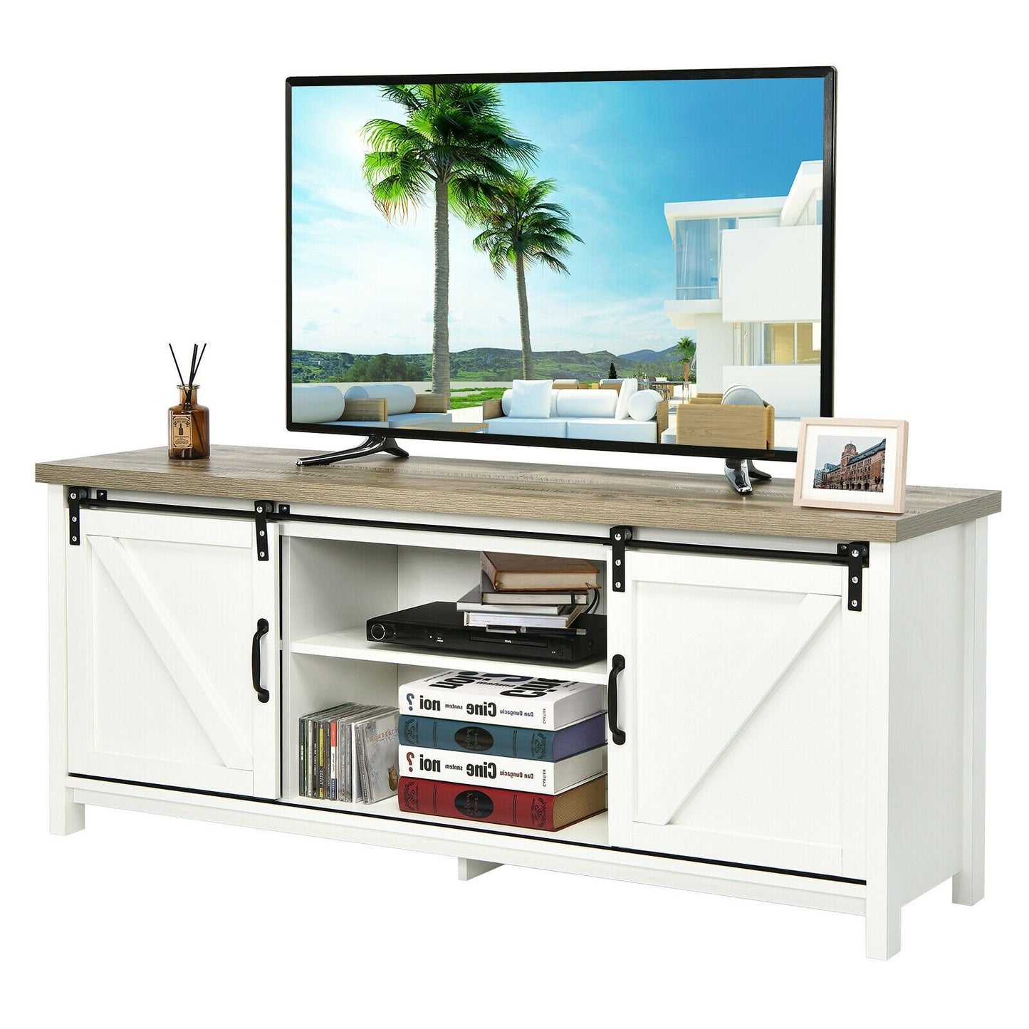 TV Stand Media Center Console Cabinet with Sliding Barn Door - White, White - Gallery Canada