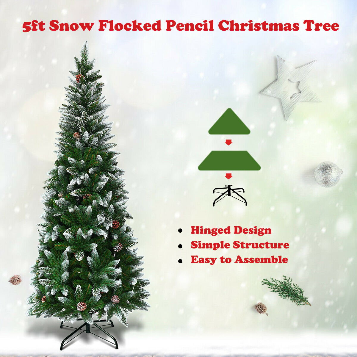 5 / 6 / 7.5 Feet Artificial Pencil Christmas Tree with Pine Cones, Green - Gallery Canada