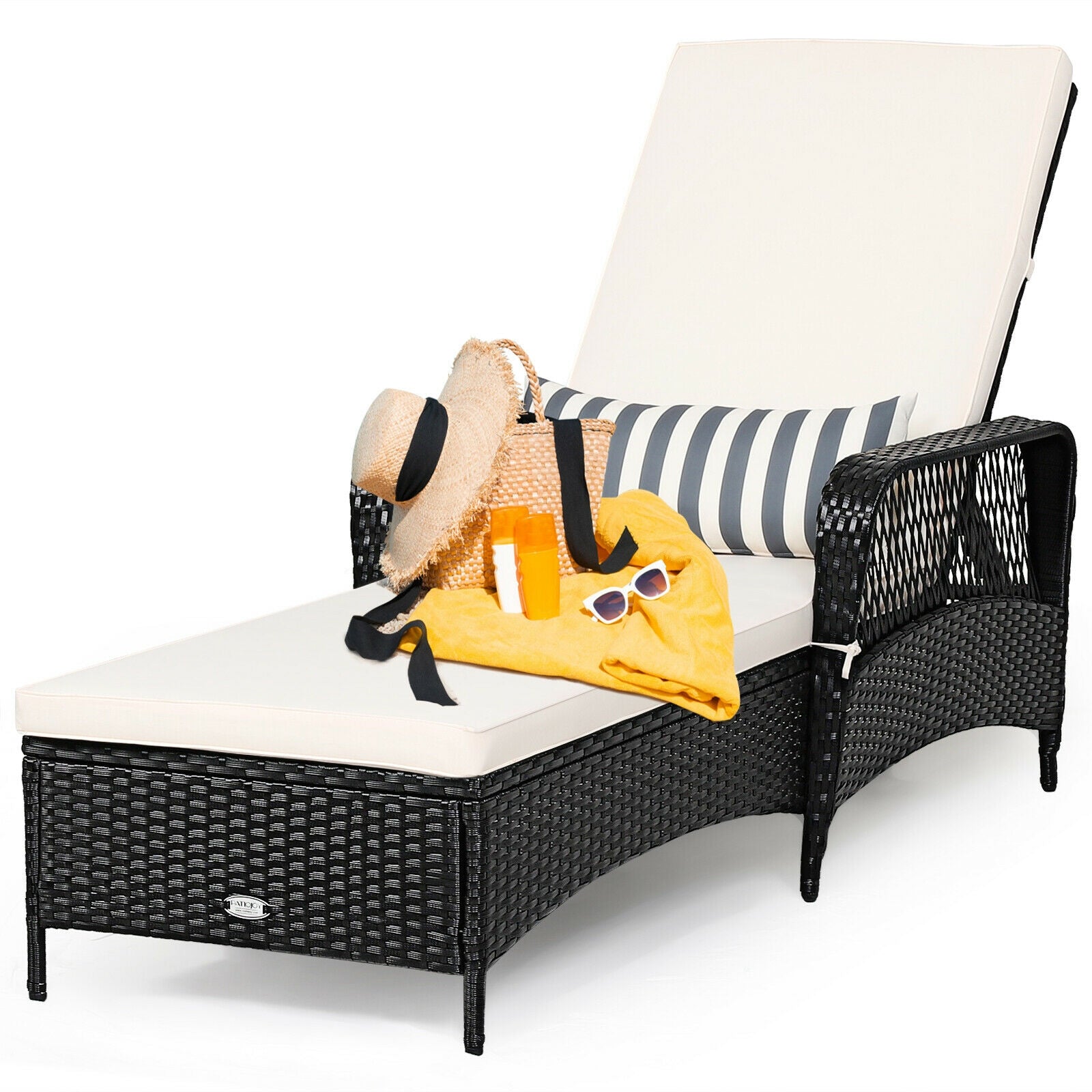 PE Rattan Armrest Chaise Lounge Chair with Adjustable Pillow, Black Outdoor Chaise Lounges at Gallery Canada