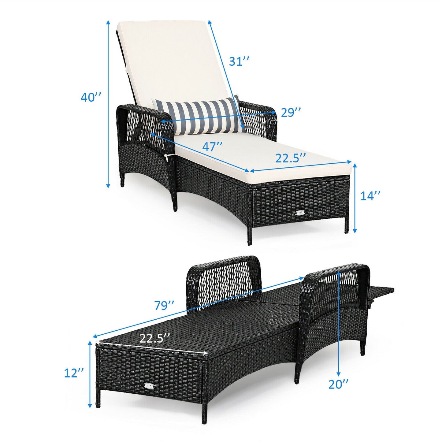 PE Rattan Armrest Chaise Lounge Chair with Adjustable Pillow, Black Outdoor Chaise Lounges at Gallery Canada