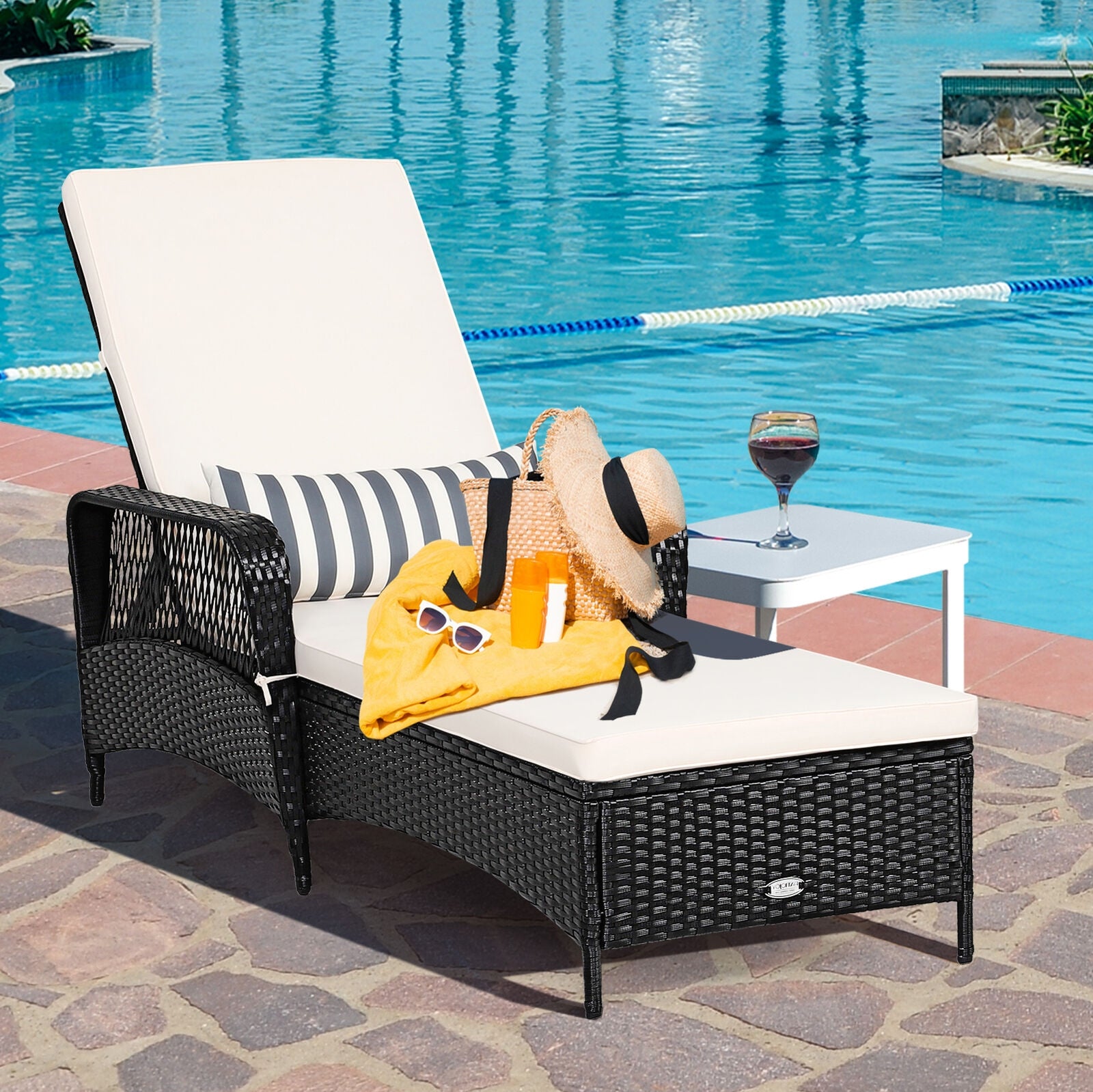 PE Rattan Armrest Chaise Lounge Chair with Adjustable Pillow, Black Outdoor Chaise Lounges at Gallery Canada