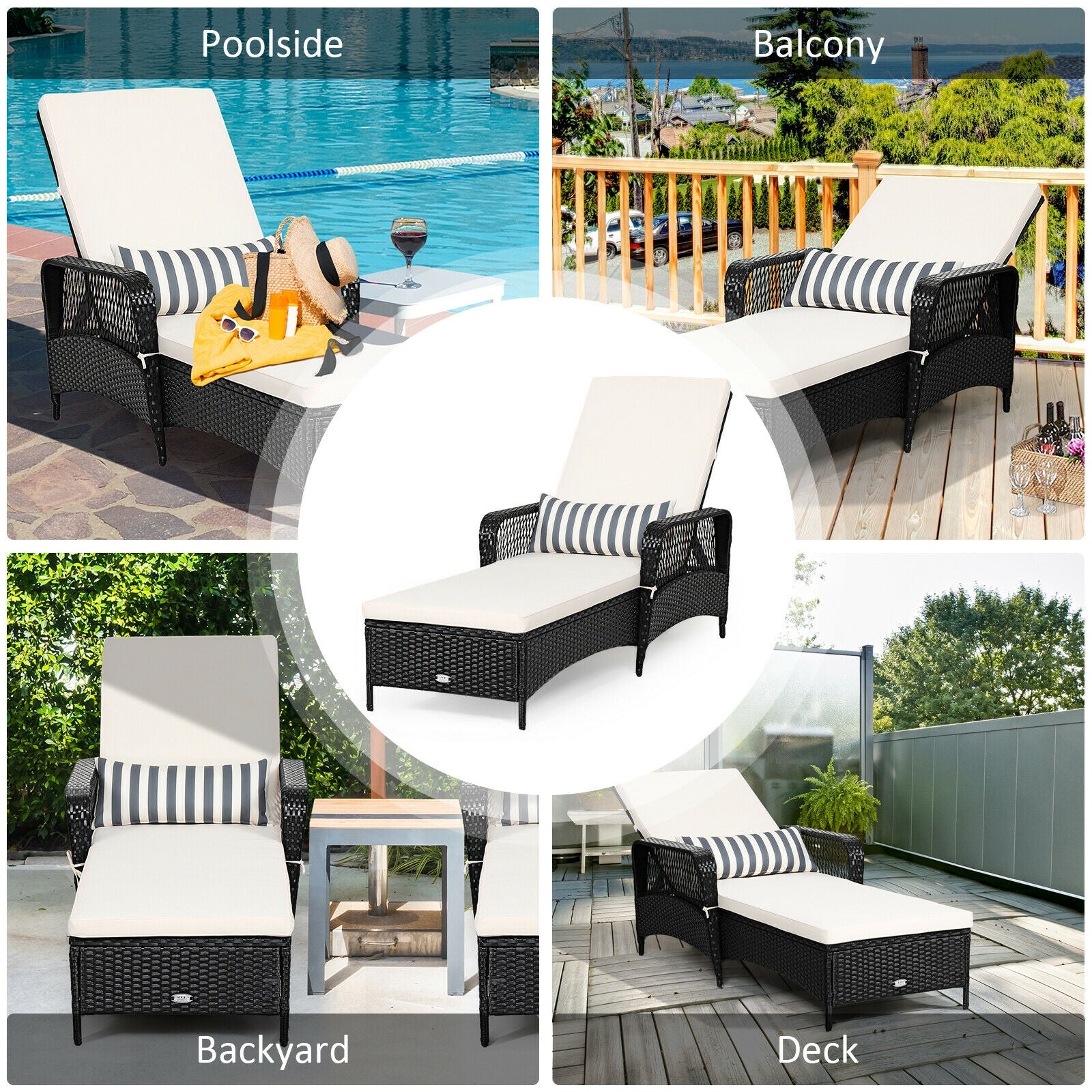 PE Rattan Armrest Chaise Lounge Chair with Adjustable Pillow, Black Outdoor Chaise Lounges at Gallery Canada