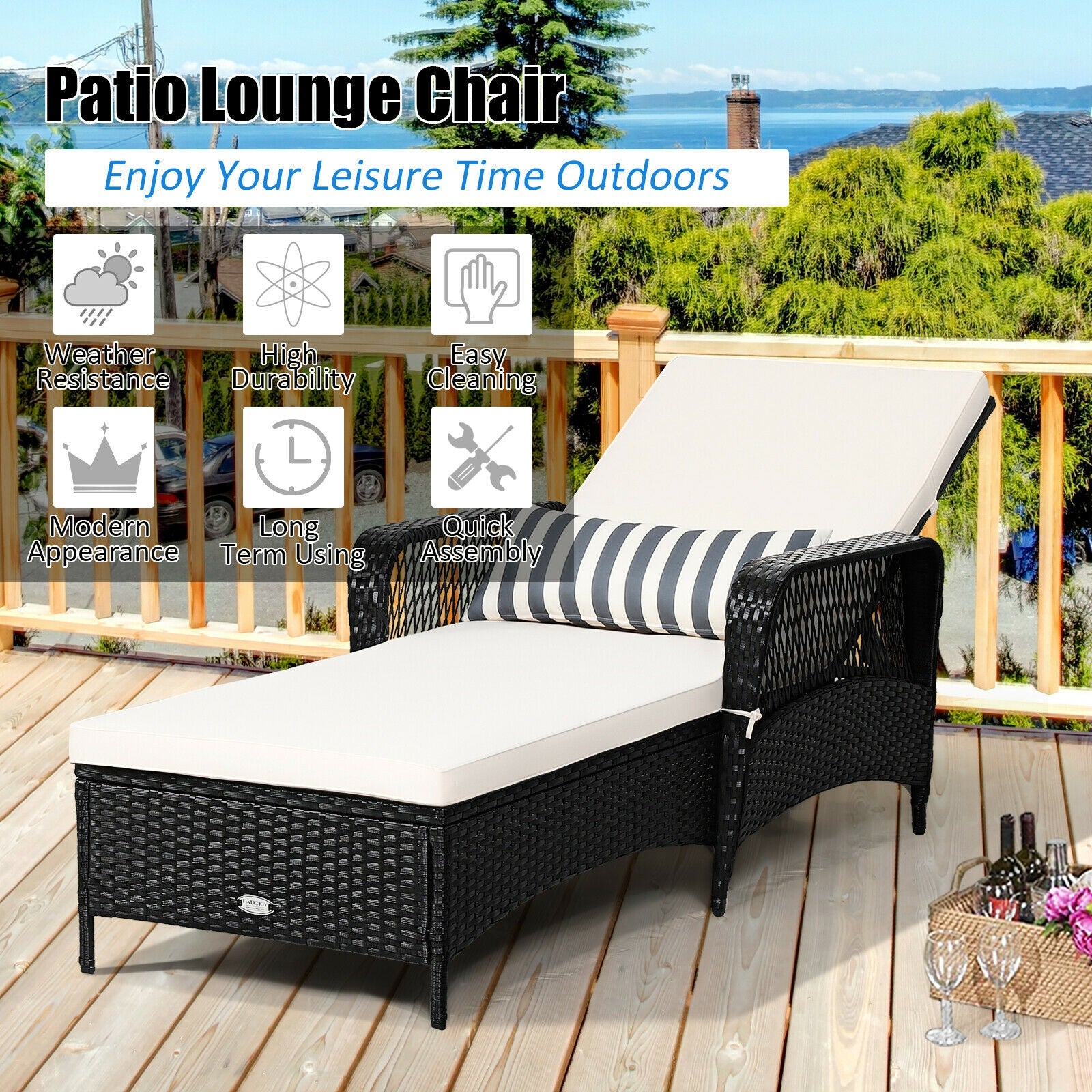 PE Rattan Armrest Chaise Lounge Chair with Adjustable Pillow, Black Outdoor Chaise Lounges at Gallery Canada