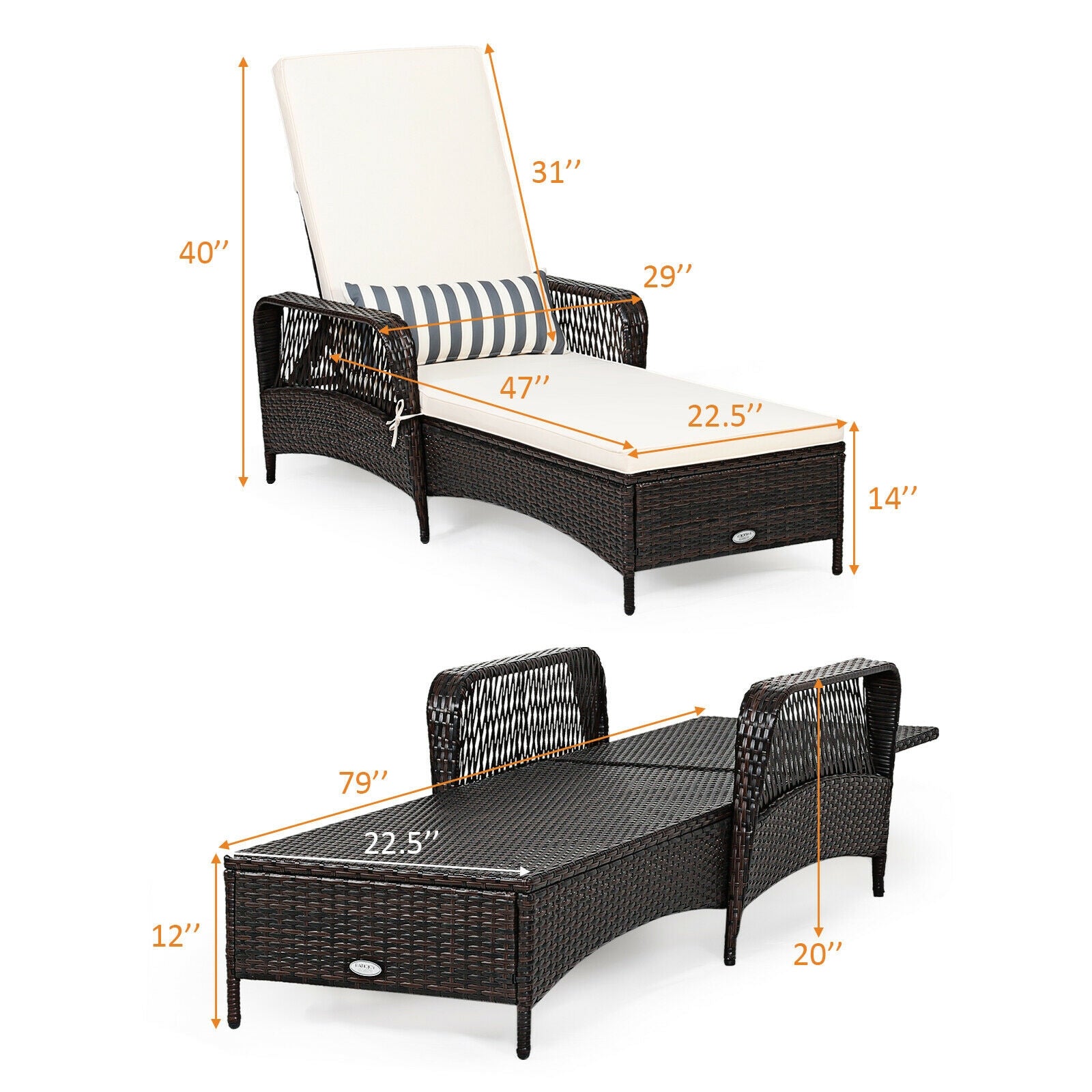 PE Rattan Chaise Lounge Chair Arm Chair Recliner Adjustable with Pillow, Brown Outdoor Chaise Lounges at Gallery Canada