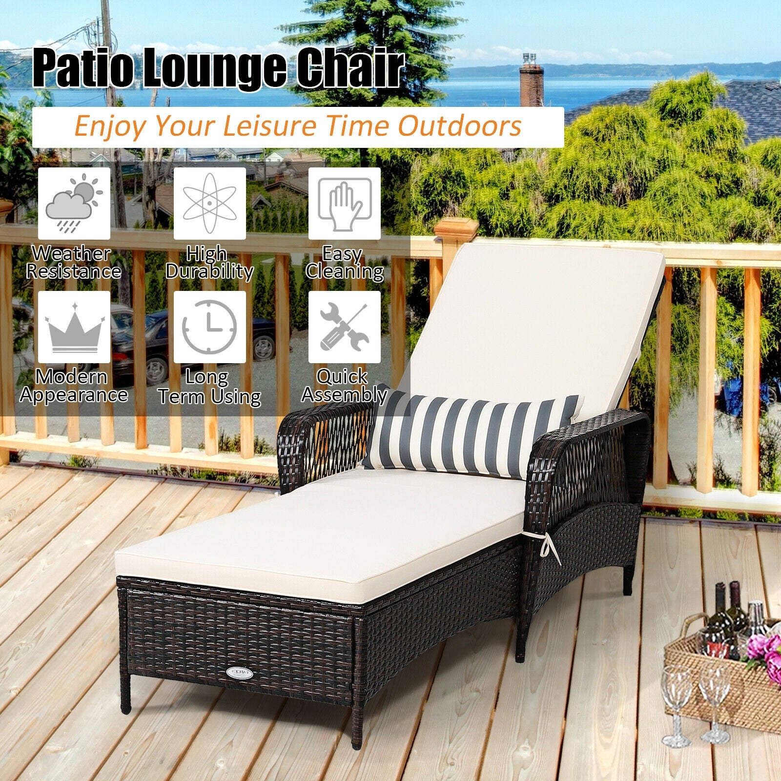 PE Rattan Chaise Lounge Chair Arm Chair Recliner Adjustable with Pillow, Brown Outdoor Chaise Lounges at Gallery Canada