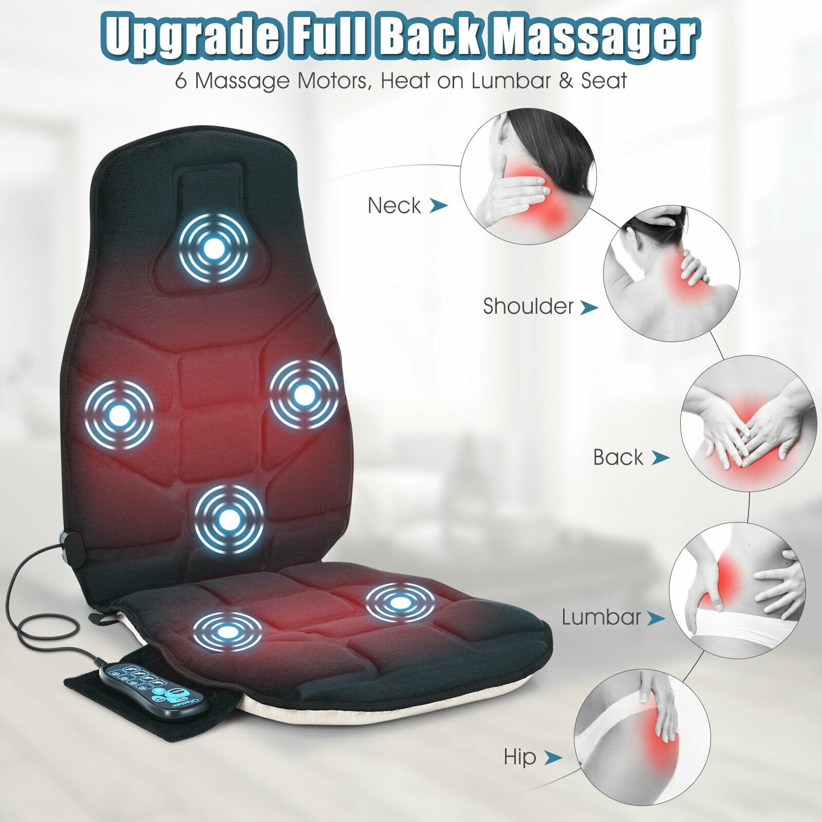 Seat Cushion Massager with Heat and 6 Vibration Motors for Home, Black Back Massager at Gallery Canada