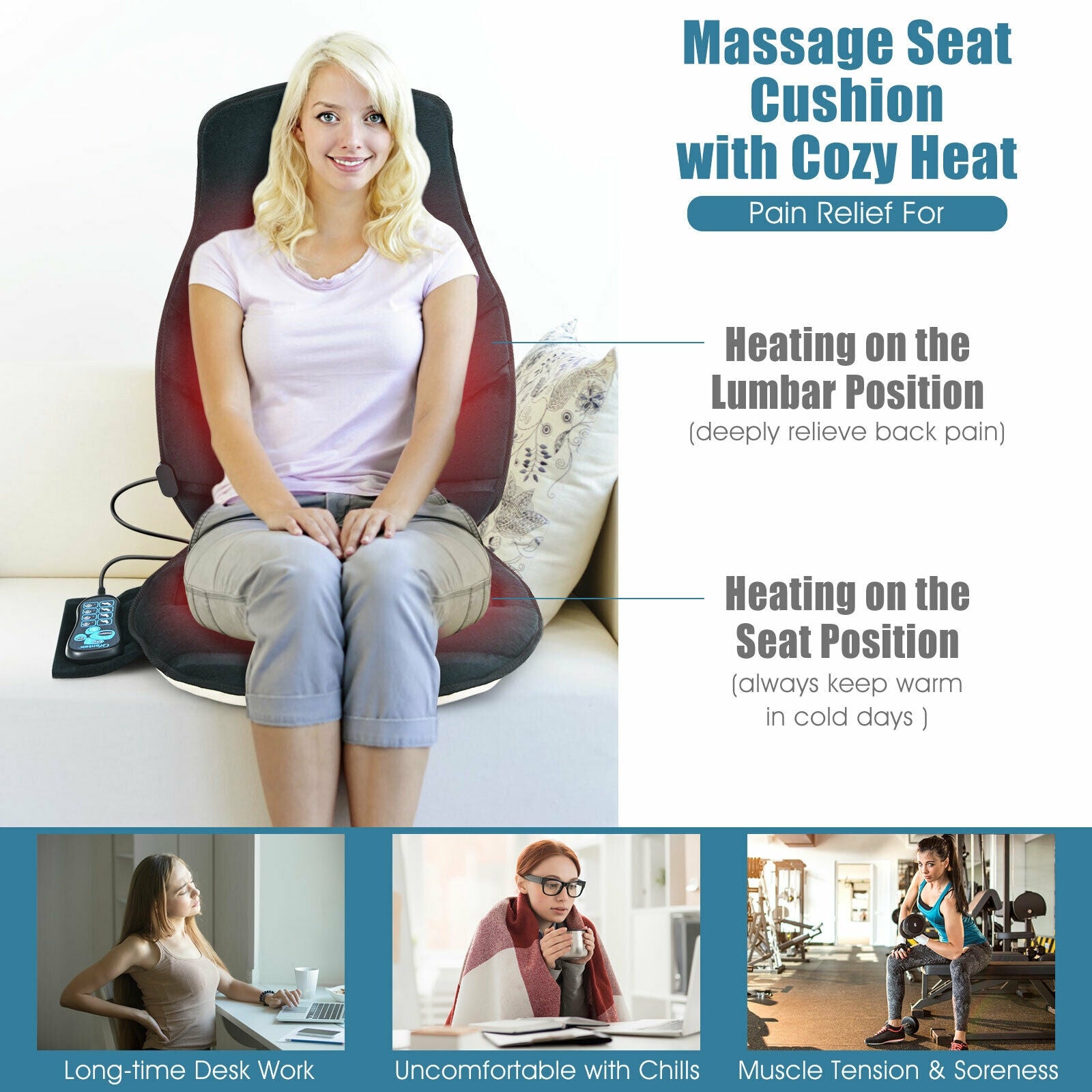 Seat Cushion Massager with Heat and 6 Vibration Motors for Home, Black Back Massager at Gallery Canada