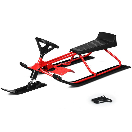 55.5 x 23.5 Inch Snow Sled with Steering Wheel and Double Brakes Pull Rope Slider, Black & Red