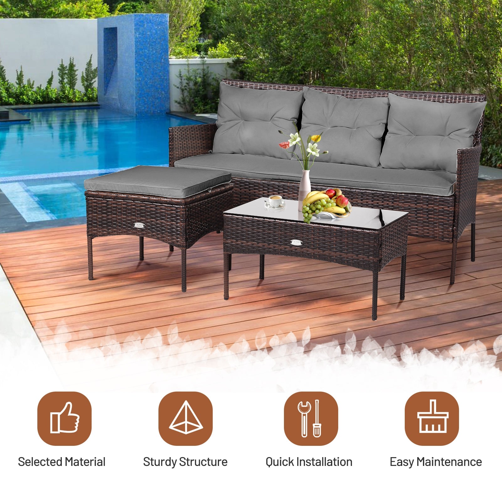 3 Pieces Patio Furniture Sectional Set with 5 Cozy Seat and Back Cushions, Gray Patio Conversation Sets at Gallery Canada