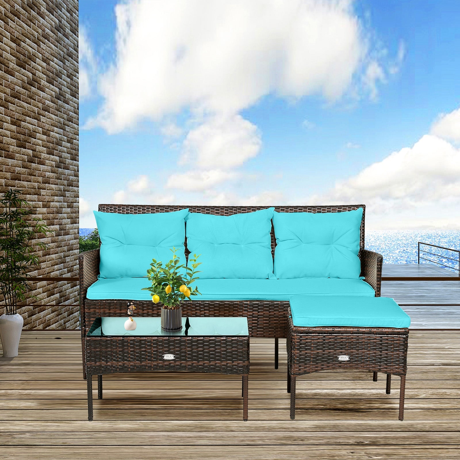 3 Pieces Patio Furniture Sectional Set with 5 Cozy Seat and Back Cushions, Turquoise Patio Conversation Sets at Gallery Canada