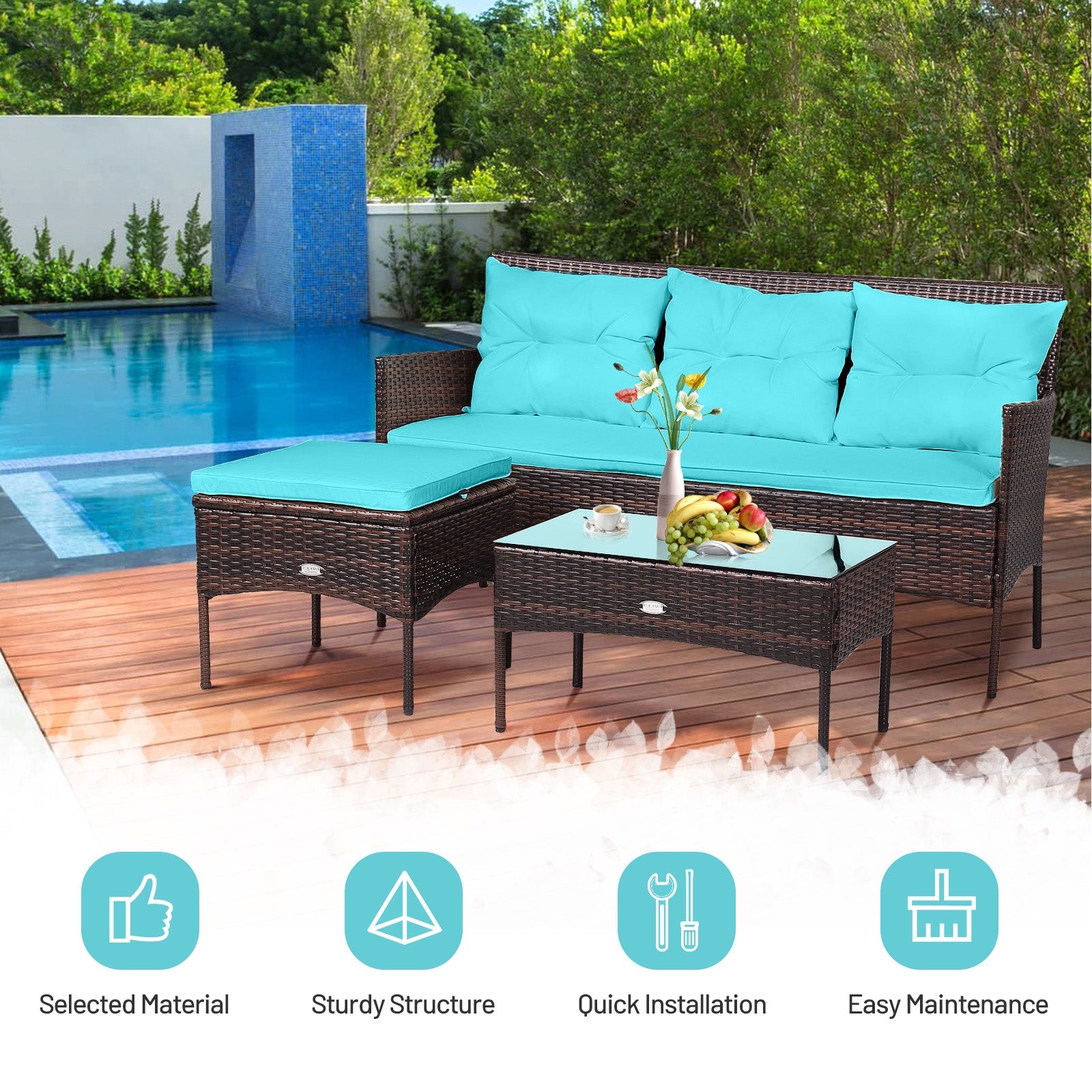 3 Pieces Patio Furniture Sectional Set with 5 Cozy Seat and Back Cushions, Turquoise Patio Conversation Sets at Gallery Canada