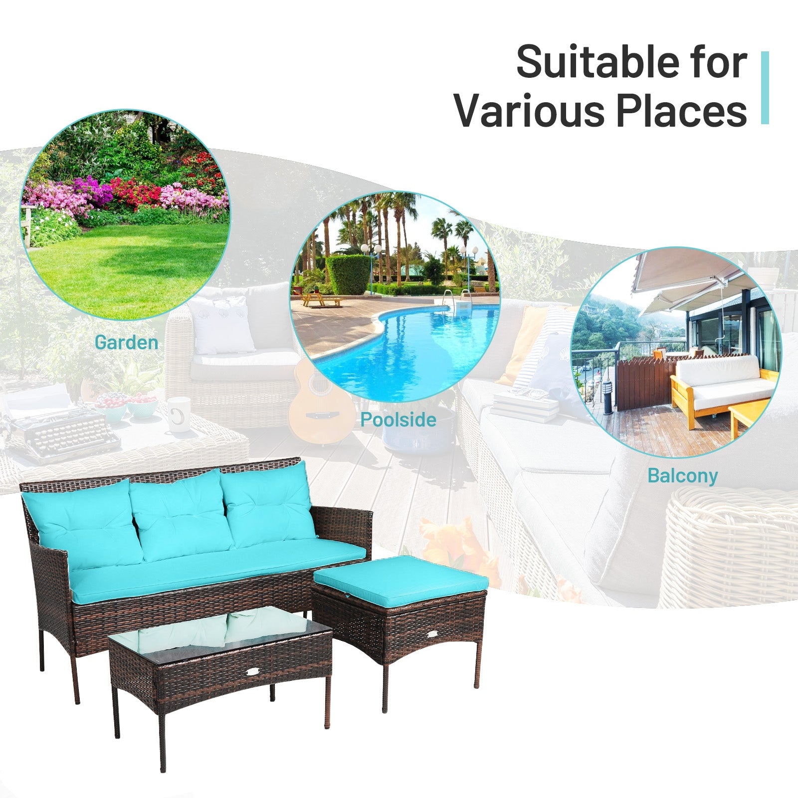 3 Pieces Patio Furniture Sectional Set with 5 Cozy Seat and Back Cushions, Turquoise Patio Conversation Sets at Gallery Canada