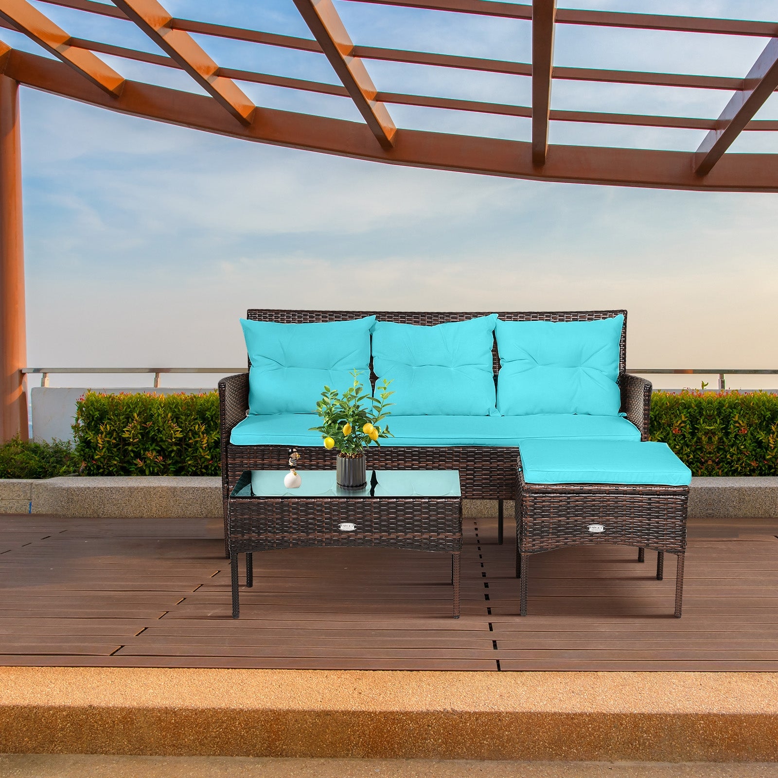 3 Pieces Patio Furniture Sectional Set with 5 Cozy Seat and Back Cushions, Turquoise Patio Conversation Sets at Gallery Canada