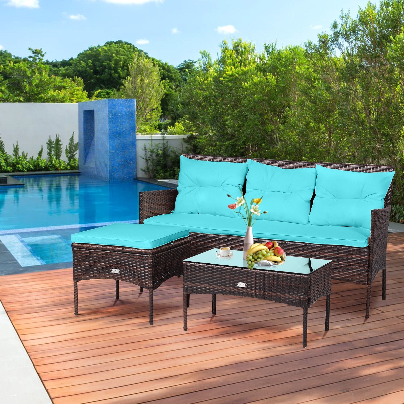 3 Pieces Patio Furniture Sectional Set with 5 Cozy Seat and Back Cushions, Turquoise Patio Conversation Sets at Gallery Canada