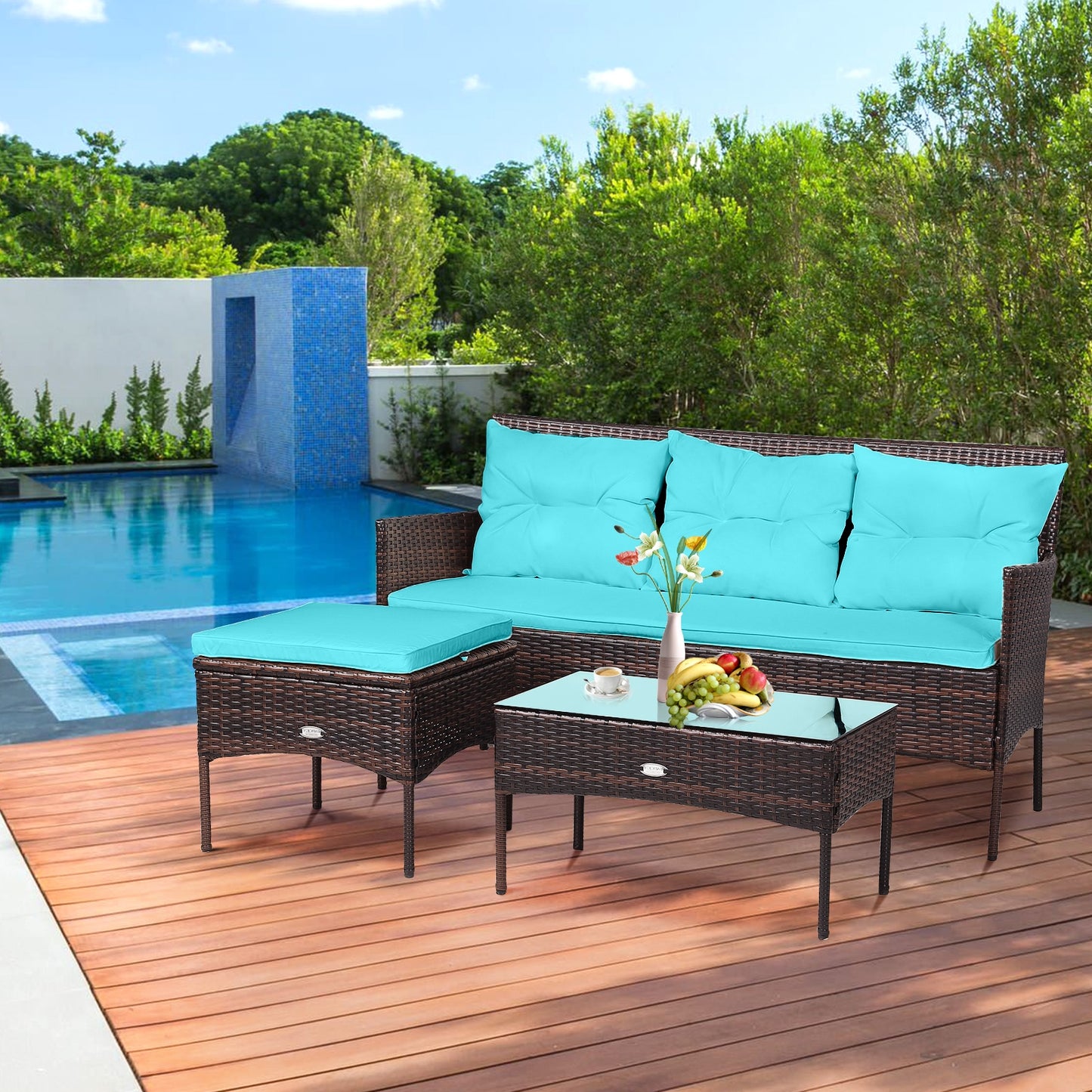 3 Pieces Patio Furniture Sectional Set with 5 Cozy Seat and Back Cushions, Turquoise Patio Conversation Sets at Gallery Canada
