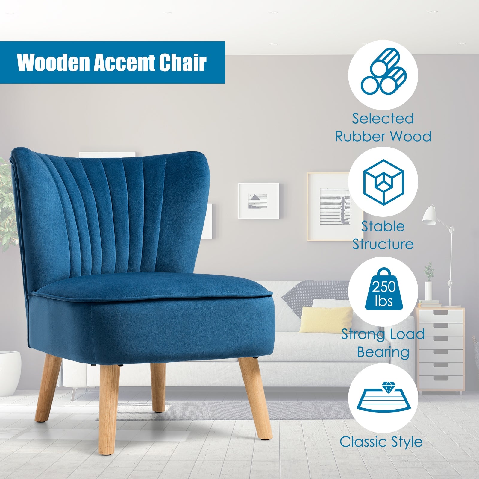Modern Armless Velvet Accent Chair with Wood Legs, Blue Accent Chairs at Gallery Canada