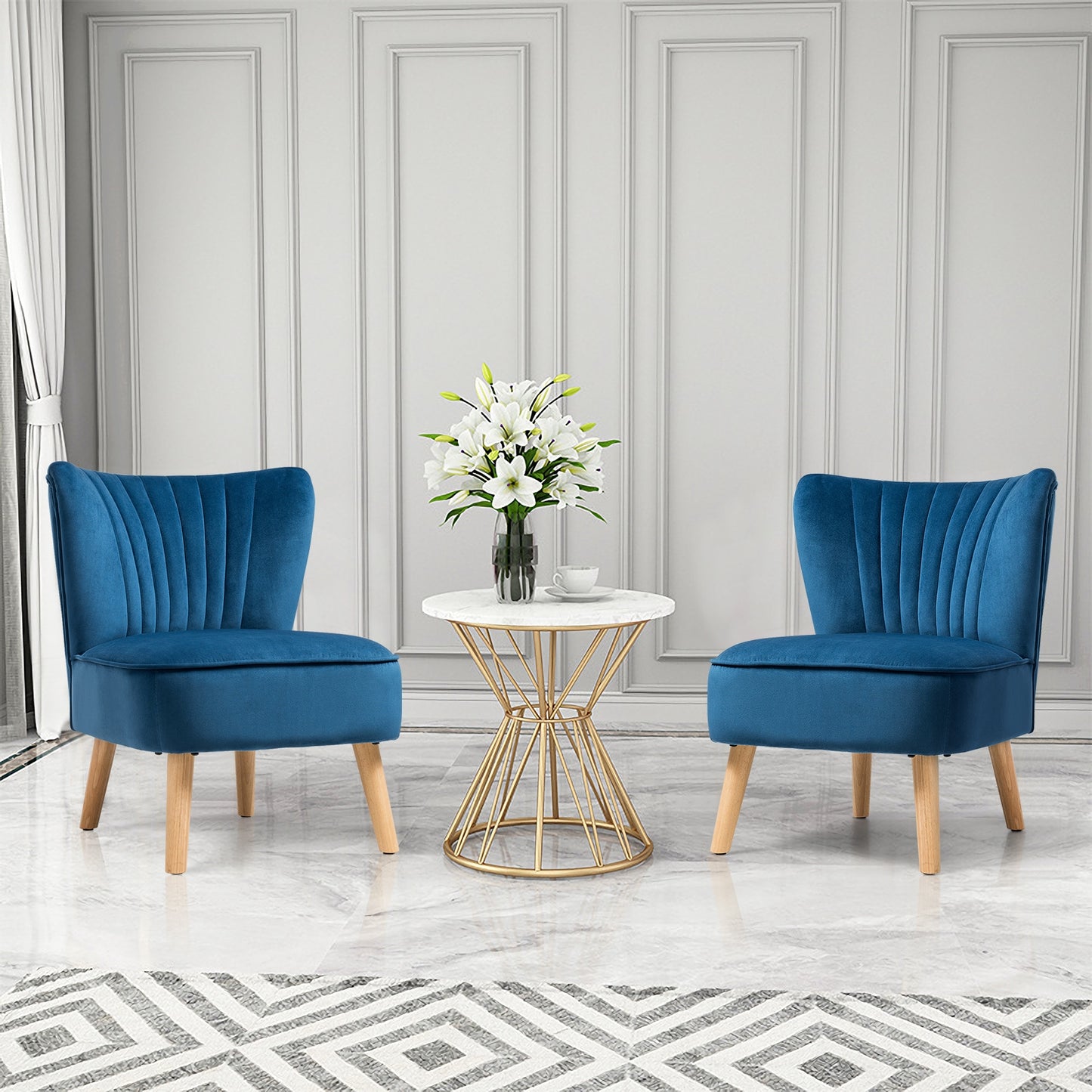 Modern Armless Velvet Accent Chair with Wood Legs, Blue Accent Chairs at Gallery Canada