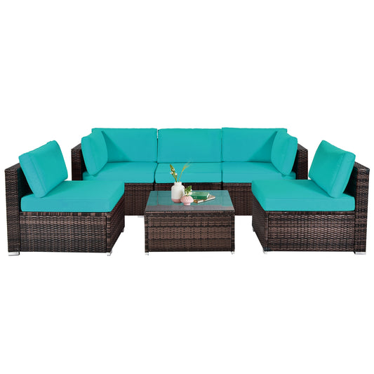 6 Pieces Patio Rattan Furniture Set with Cushions and Glass Coffee Table, Blue Outdoor Sectionals Blue at Gallery Canada