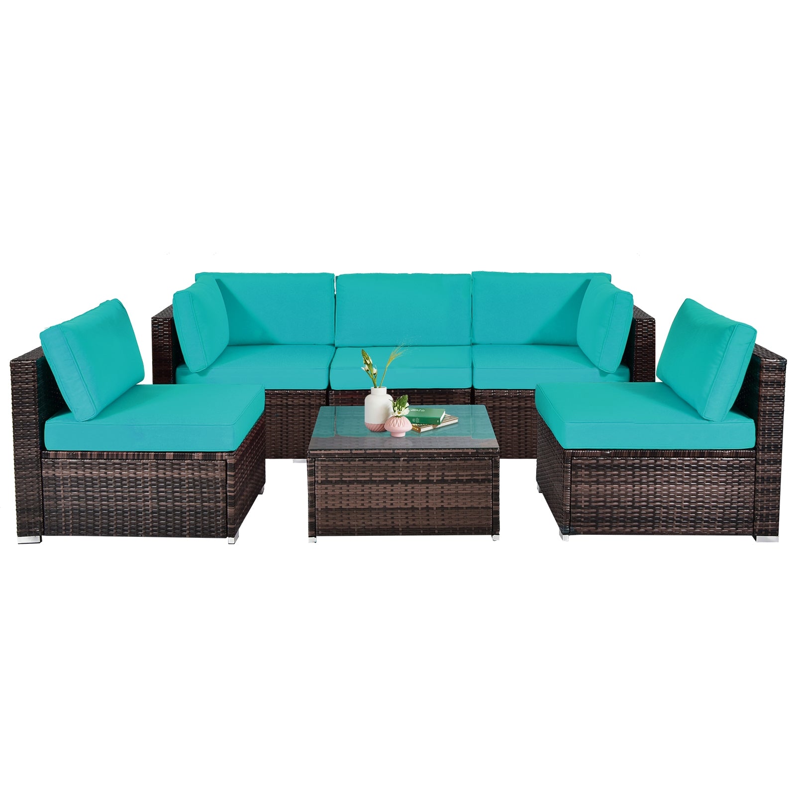 6-Piece Patio Rattan Furniture Set, With Cushions And Glass Table, Blue Outdoor Sectionals Blue at Gallery Canada