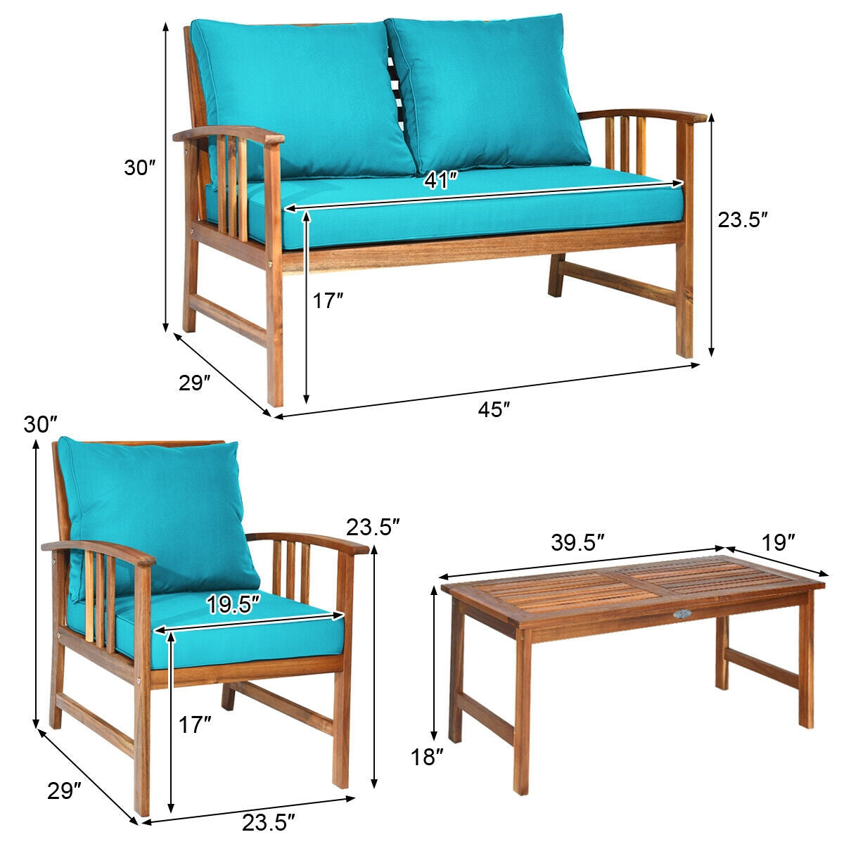 4 Pieces Wooden Patio Furniture Set Table Sofa Chair Cushioned Garden, Turquoise Patio Conversation Sets at Gallery Canada