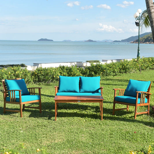 4 Pieces Wooden Patio Furniture Set Table Sofa Chair Cushioned Garden, Turquoise - Gallery Canada