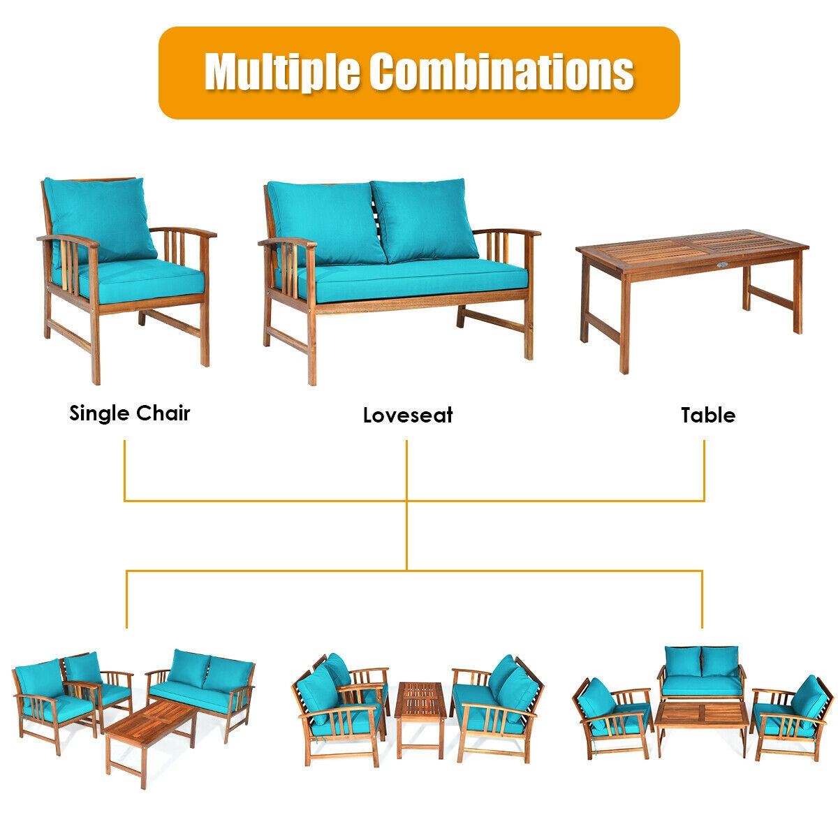 4 Pieces Wooden Patio Furniture Set Table Sofa Chair Cushioned Garden, Turquoise Patio Conversation Sets at Gallery Canada