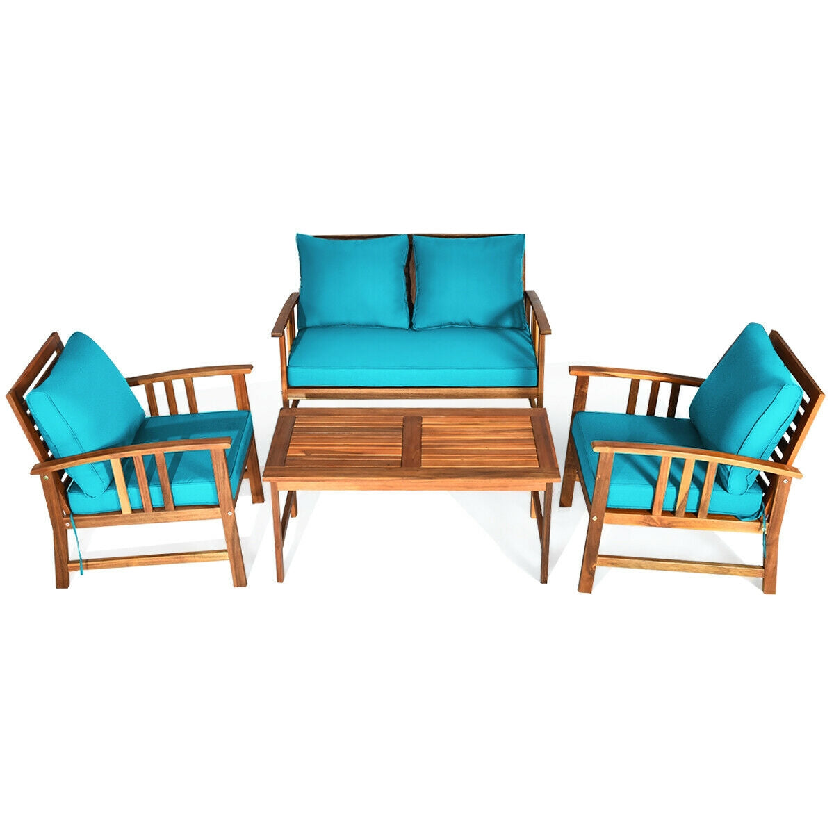 Wooden Patio Furniture Set, 4 Pieces, Table Sofa Chair Cushioned, Turquoise Patio Conversation Sets at Gallery Canada