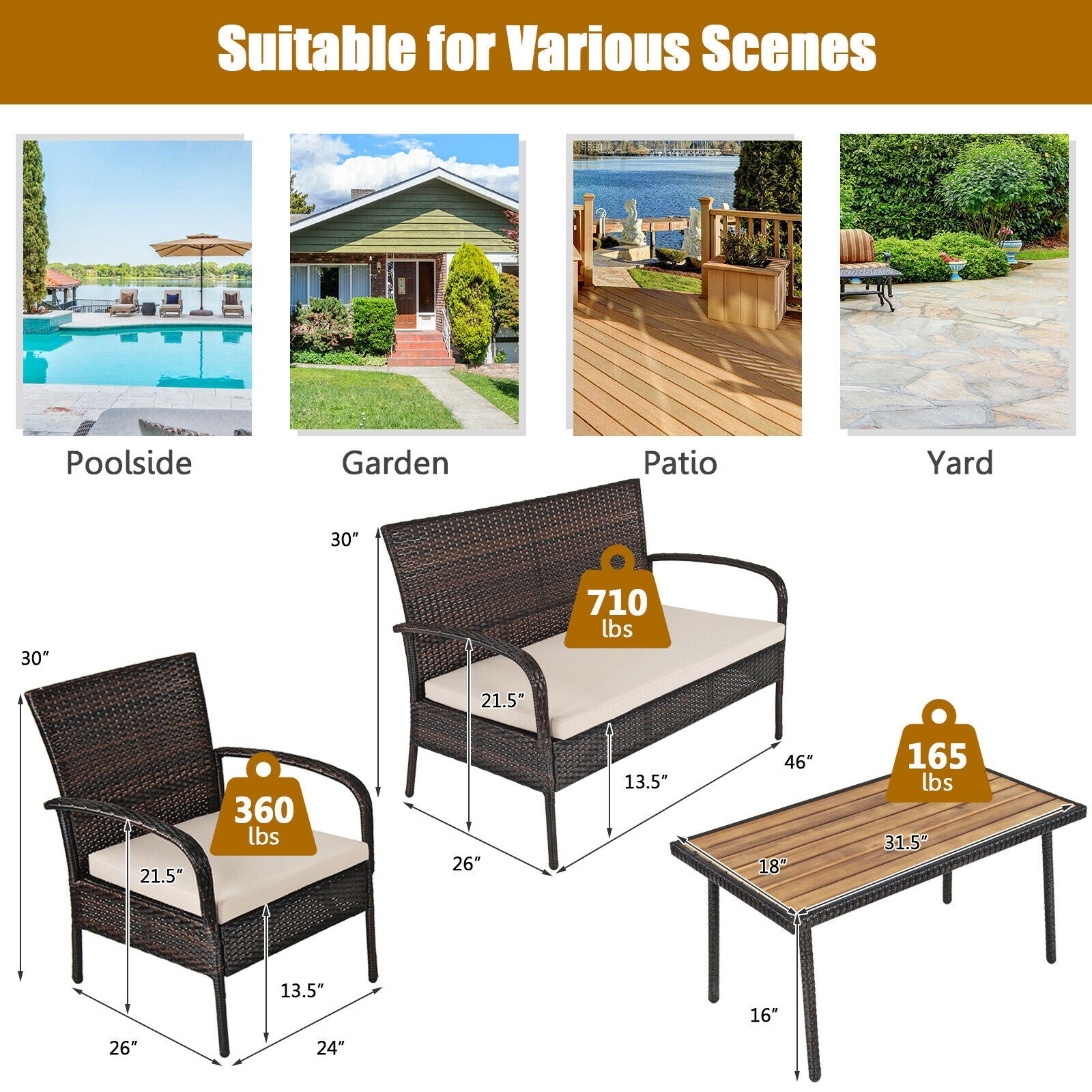 4 Pieces Patio Cushioned Wicker Conversation Set with Acacia Wood Tabletop, Brown Patio Conversation Sets at Gallery Canada