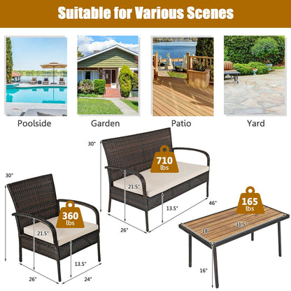 4 Pieces Patio Cushioned Wicker Conversation Set with Acacia Wood Tabletop, Brown Patio Conversation Sets at Gallery Canada