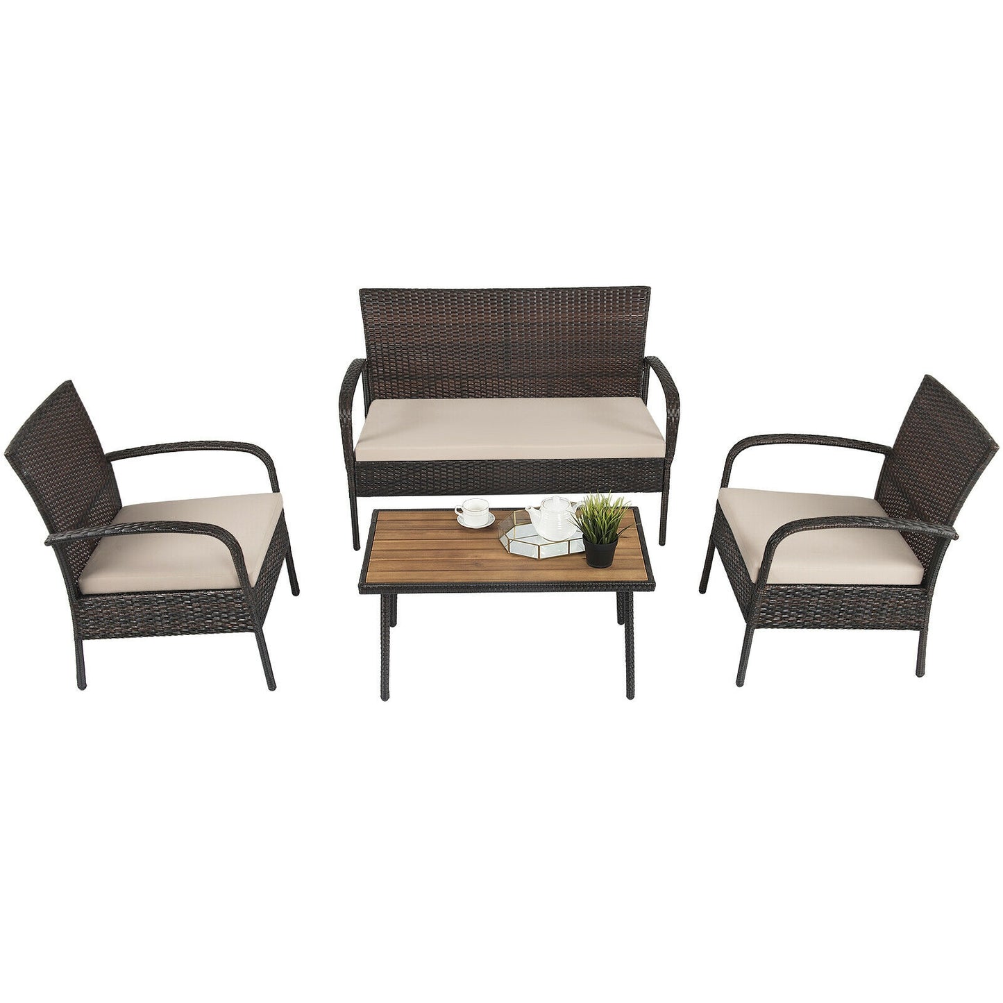 4 Pieces Patio Cushioned Wicker Conversation Set with Acacia Wood Tabletop, Brown Patio Conversation Sets at Gallery Canada