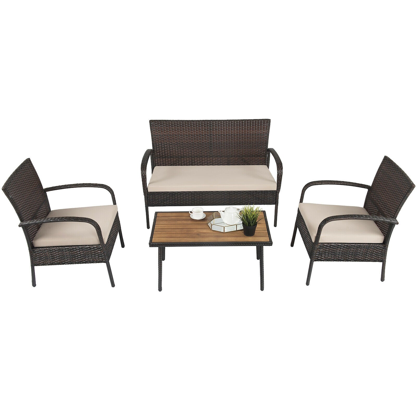4 Pieces Patio Cushioned Wicker Conversation Set with Acacia Wood Tabletop, Brown Patio Conversation Sets at Gallery Canada