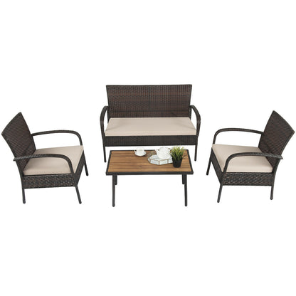 4 Pieces Patio Cushioned Wicker Conversation Set with Acacia Wood Tabletop, Brown Patio Conversation Sets at Gallery Canada