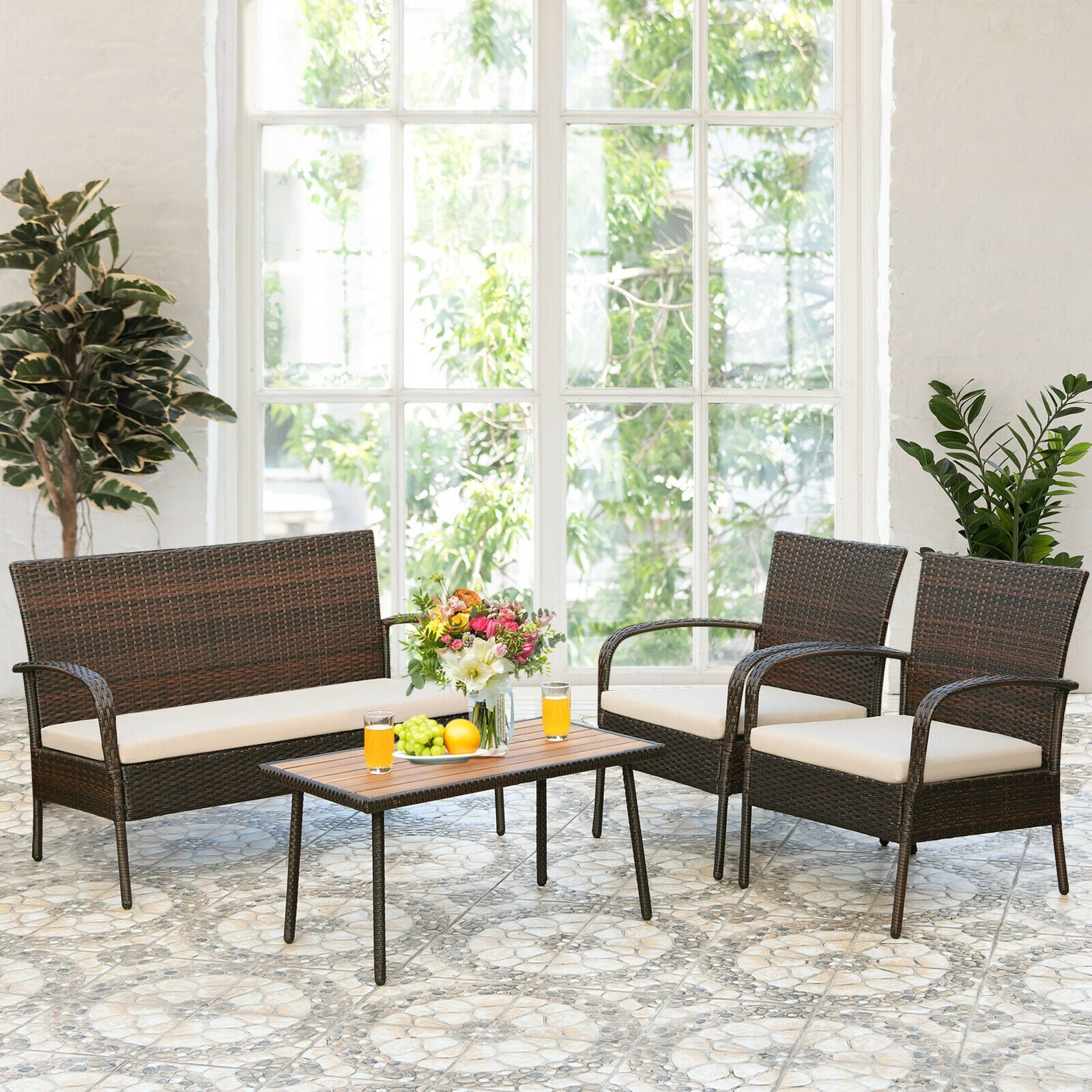 4 Pieces Patio Cushioned Wicker Conversation Set with Acacia Wood Tabletop, Brown Patio Conversation Sets at Gallery Canada