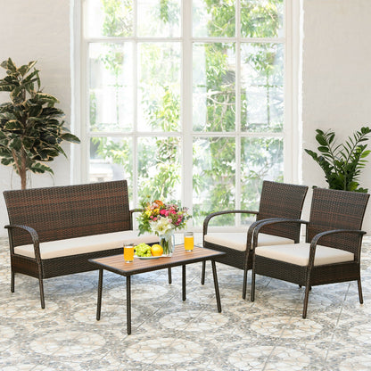 4 Pieces Patio Cushioned Wicker Conversation Set with Acacia Wood Tabletop, Brown Patio Conversation Sets at Gallery Canada