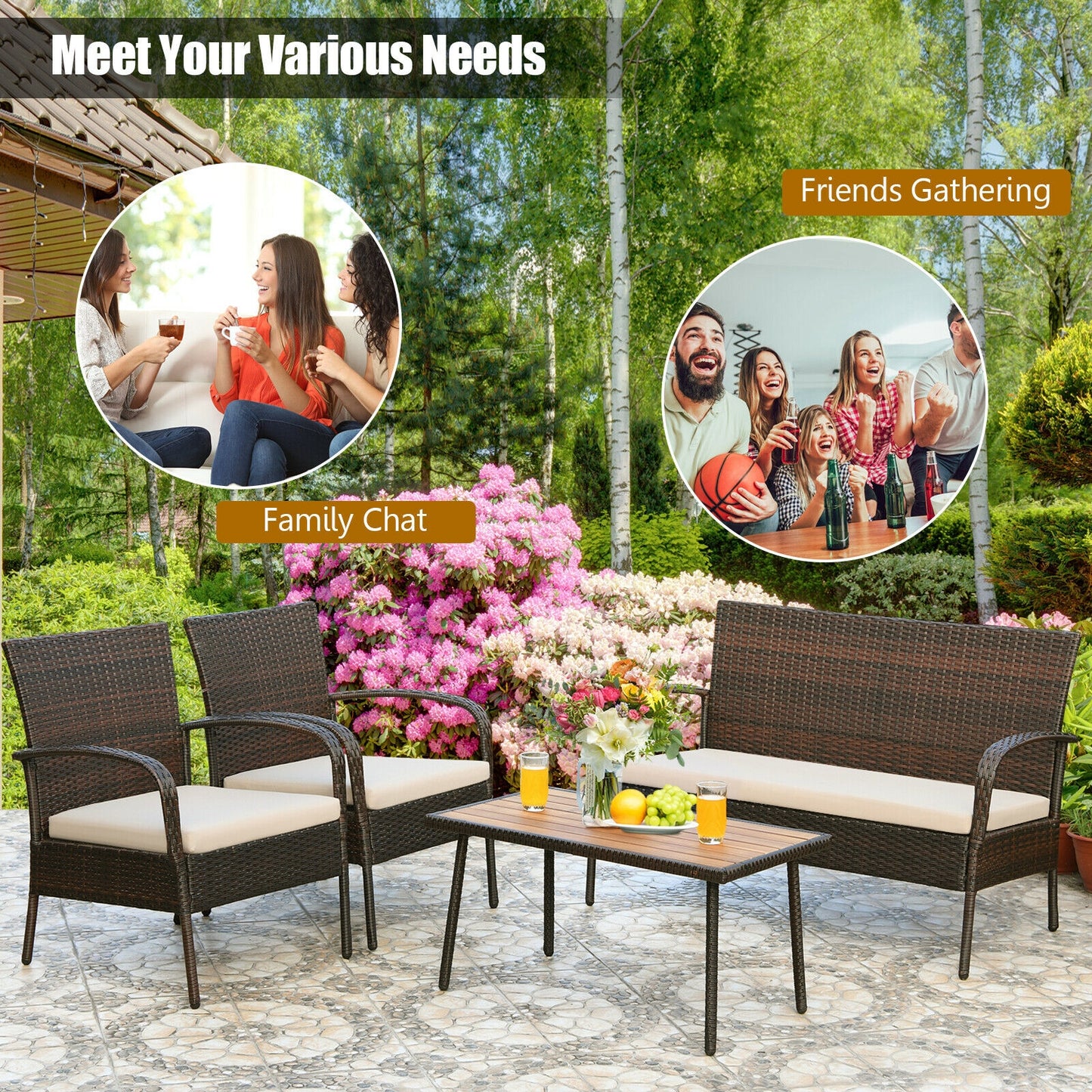 4 Pieces Patio Cushioned Wicker Conversation Set with Acacia Wood Tabletop, Brown Patio Conversation Sets at Gallery Canada