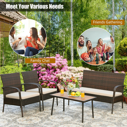 4 Pieces Patio Cushioned Wicker Conversation Set with Acacia Wood Tabletop, Brown Patio Conversation Sets at Gallery Canada
