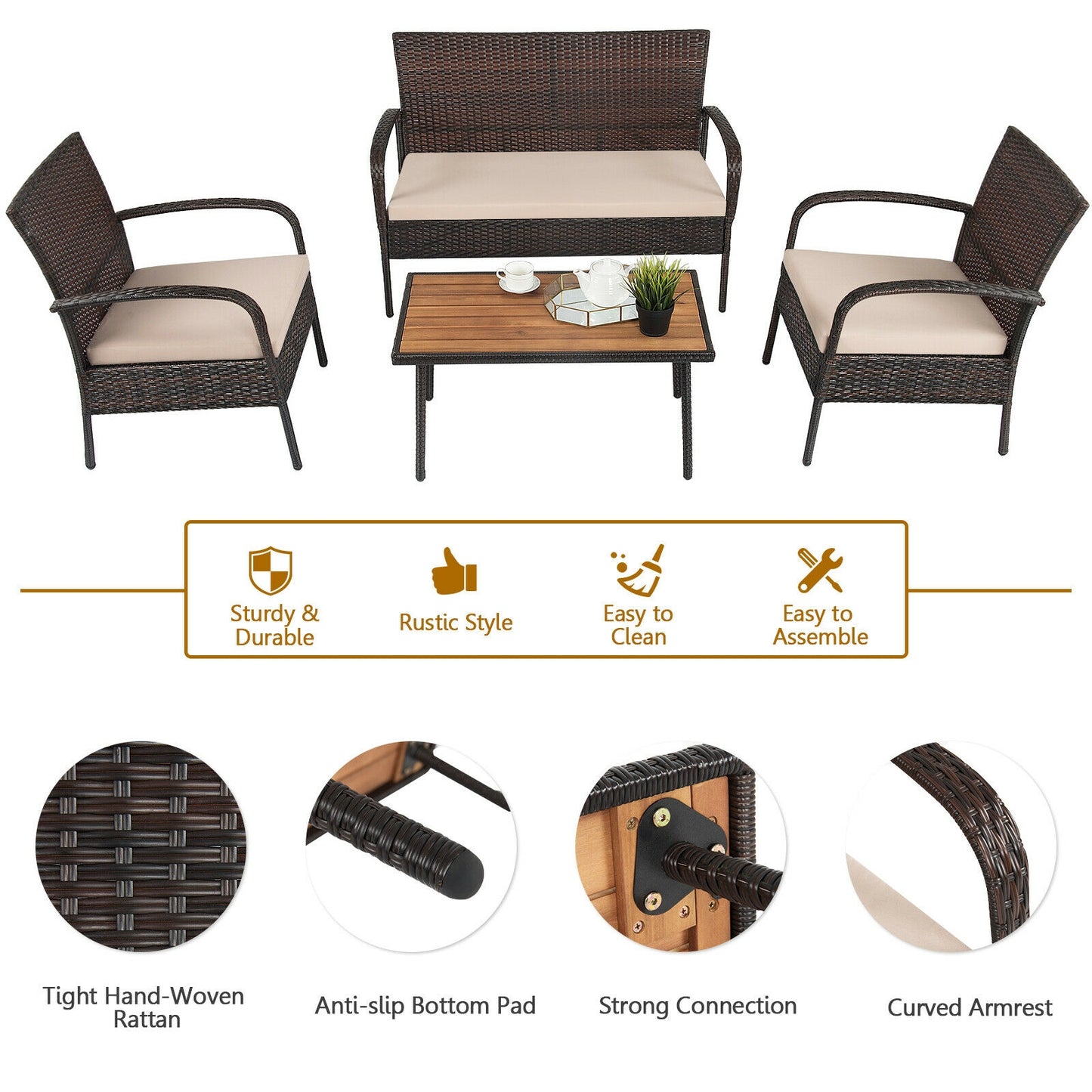 4 Pieces Patio Cushioned Wicker Conversation Set with Acacia Wood Tabletop, Brown Patio Conversation Sets at Gallery Canada