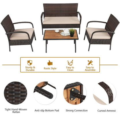 4 Pieces Patio Cushioned Wicker Conversation Set with Acacia Wood Tabletop, Brown Patio Conversation Sets at Gallery Canada