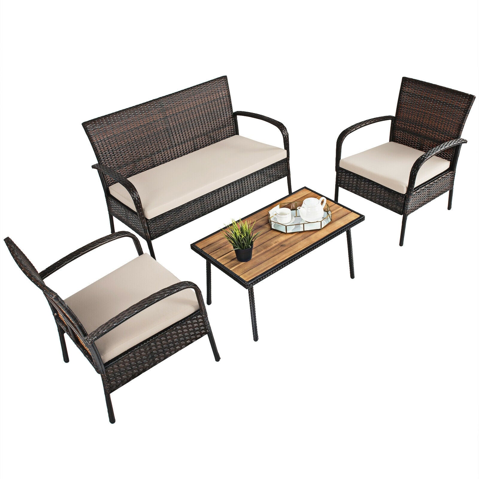 4 Pieces Patio Cushioned Wicker Conversation Set with Acacia Wood Tabletop, Brown Patio Conversation Sets at Gallery Canada