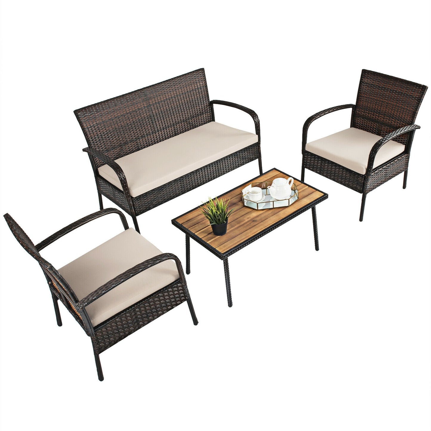 4 Pieces Patio Cushioned Wicker Conversation Set with Acacia Wood Tabletop, Brown Patio Conversation Sets at Gallery Canada
