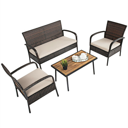 4 Pieces Patio Cushioned Wicker Conversation Set with Acacia Wood Tabletop, Brown Patio Conversation Sets at Gallery Canada