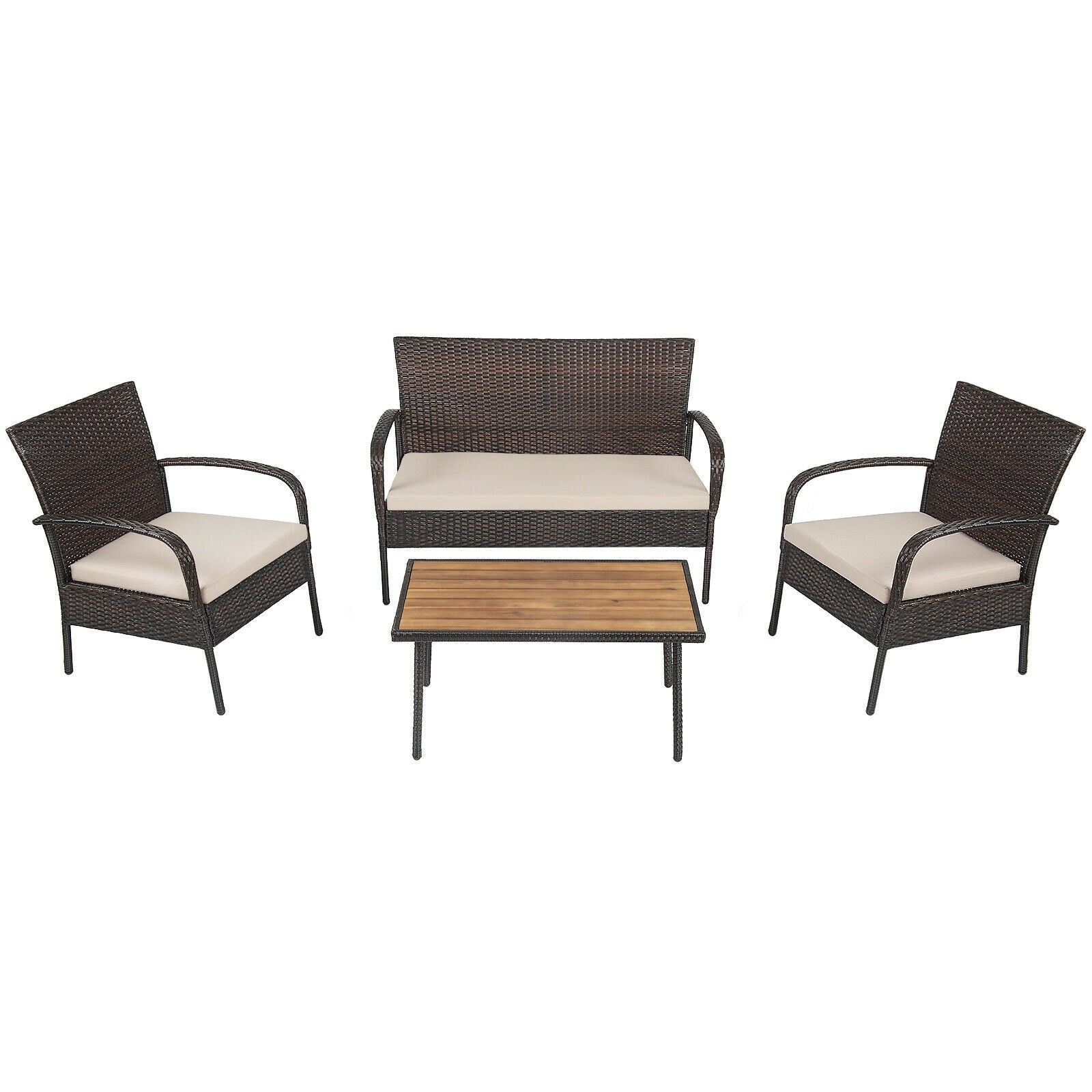 4 Piece Patio Cushioned Wicker Conversation Set, Acacia Wood Tabletop, Brown Patio Conversation Sets Brown at Gallery Canada