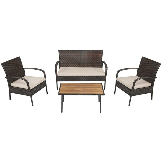 4 Piece Patio Cushioned Wicker Conversation Set, Acacia Wood Tabletop, Brown Patio Conversation Sets Brown at Gallery Canada