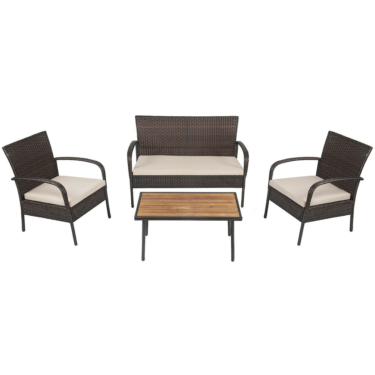 4 Piece Patio Cushioned Wicker Conversation Set, Acacia Wood Tabletop, Brown