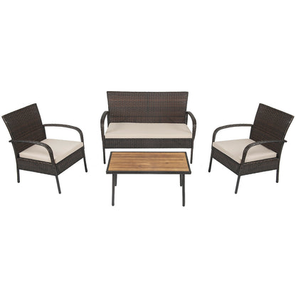 4 Piece Patio Cushioned Wicker Conversation Set, Acacia Wood Tabletop, Brown